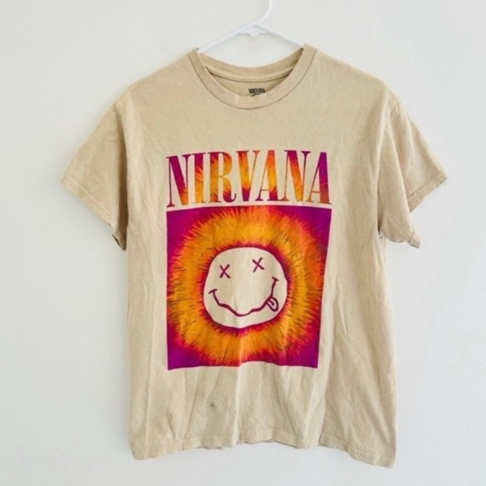Nirvana Tan Tie Dye Smiley Face Logo Tee Medium